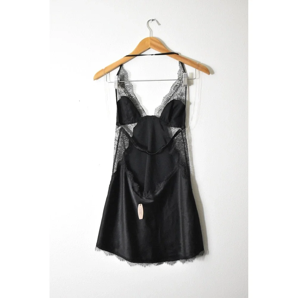 Victoria's Secret Chemise Women Medium Black Modern Satin Lace Halter Open Back - Picture 4 of 7